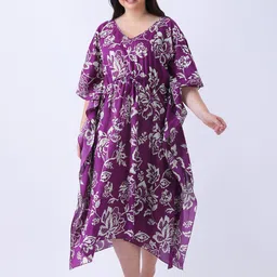Qurvii+ Women Floral Printed Kimono Sleeve Cotton Kaftan Midi Dress-picture-30
