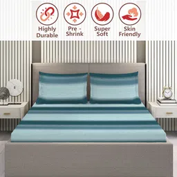 Layers Blue & Teal Striped 220 TC King Bedsheet with 2 Pillow Covers image 4
