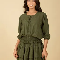 HOUSE OF MIRA Tie-Up Neck Fit & Flare Mini Dress-image-79