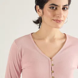 SASSAFRAS Women V-Neck Long Sleeves Cotton Top image 2