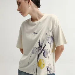 RAREISM Women Floral Printed Round Neck Cotton Oversized T-shirt-picture-17