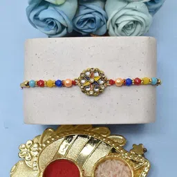MEIRA JEWELLERY Set Of 5 Designer Rakhis With Assorted Greeting Card & Roli Chawal image 4