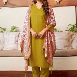 KALINI Women Mustard Floral Regular Thread Work Kurta with Trousers & With Dupatta image 5