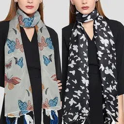 POSHAMPAA be desi Women Pack of 2 Printed Scarf with Tassells image 2