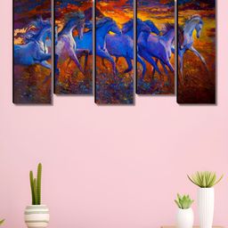 Myntra Elegant Homes Blue & Orange 5 Pieces Canvas Running Horses Painting Wall Arts-picture-12