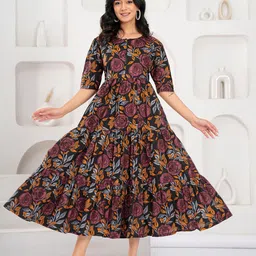 Machla Women Floral Printed Pure Cotton Fit & Flare Midi Dress-image-22