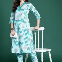 Indo Era Women Floral Printed Regular Pure Cotton Kurta with Trousers image 4