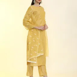 Jaipur Kurti Floral Embroidered Chanderi Silk Kurta with Trousers & Dupatta image 3