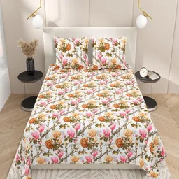 INDRA'S White & Yellow Floral 144 TC Bedsheet with 2 Pillow Covers-picture-37