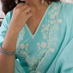 Indo Era Floral Yoke Design Liva Straight Kurta With Trousers & Dupatta image 3