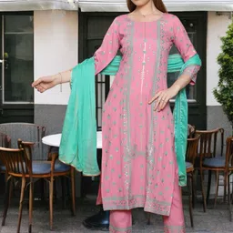True Shape Floral Printed Round Neck Cotton Straight Kurta With Trouser & Dupatta-image-16