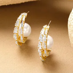 Rubans 18K Gold Plated Brass White Pearl & Cubic Zirconia Baguette Hoop Earrings-picture-15