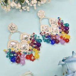 MEIRA JEWELLERY Silver Plated Kundan Stones Studded & Pearls Beaded Circular Drop Earrings-picture-15