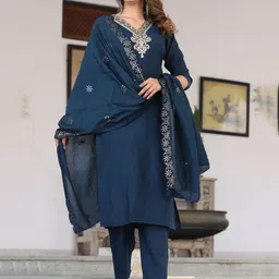 G4Girl Women Floral Embroidered Regular Thread Work Pure Silk Kurta with Trousers & With Dupatta-image-1
