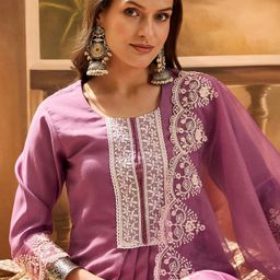 Sangria Women's Mauve Embroidered Silk Blend Straight Kurta Pant Dupatta Set-picture-3