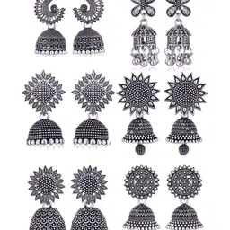 Sangria Set Of 6 Silver Plated Oxidized Jhumka Earrings-picture-53