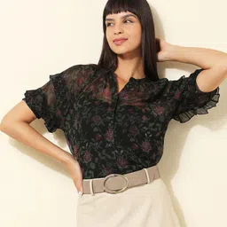 U.S. Polo Assn. Women Floral Print Mandarin Collar Puff Sleeve Top image 1