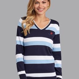 Beverly Hills Polo Club Women Navy Blue & White Yarn Dye Striped V-Neck Sweater-picture-34