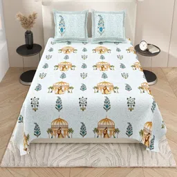 INDRA'S White & Yellow Ethnic Motifs 160 TC King Bedsheet with 2 Pillow Covers-picture-14