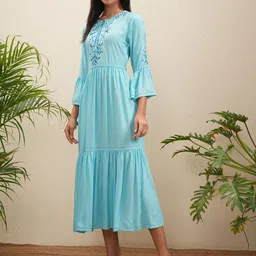 Vishudh Embroidered Bell Sleeve Fit & Flare Midi Dress image 5