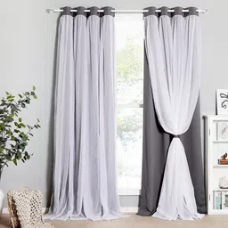 BFAM Grey & White 2 Pieces Black Out Long Door Curtains image 2
