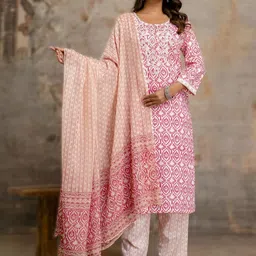 Anouk Ethnic Motifs Printed Thread Work Pure Straight Cotton Kurta With Trousers & Dupatta-image-98