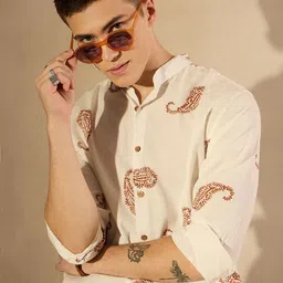 DENNISON Men Smart Band Collar Floral Printed Cotton Oversized Casual Shirt-image-23