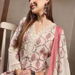 Shangri LA MS Designs Women Floral Printed Cotton Kurta with Trousers & Dupatta image 2