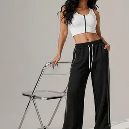 Moda Rapido Women Black Cotton Striped Regular Trousers-image-42