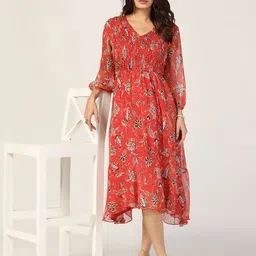 Mustard Floral Printed Puff Sleeve Chiffon Fit and Flare Midi Dress-picture-40