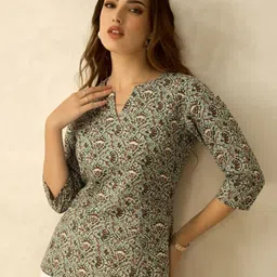 Eco Clothing Floral Printed Mandarin Collar Organic Cotton Kurti-picture-34