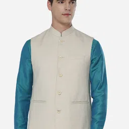 JADE BLUE Men Khaki Solid Nehru Jacket-image-18