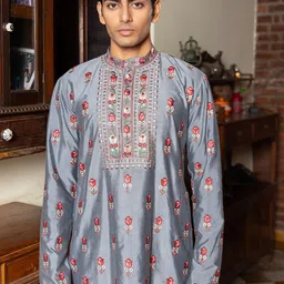 PATR Men Floral Embroidered Regular Kurta with Trousers image 2
