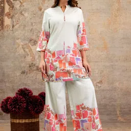 AUTUMN LANE Hardik Cameo Printed Mandarin Collar Linen Tunic With Trousers Co-Ords image 3