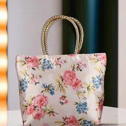 Kuber Industries 6-Pcs Floral Printed Silk Handle & 1 Outer Zip Pocket Small Handbags-image-4