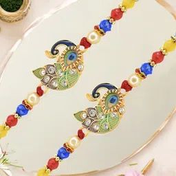 MEIRA JEWELLERY Set Of 2 Artificial Stones Studded & Beaded Peacock Shaped Thread Rakhi image 2