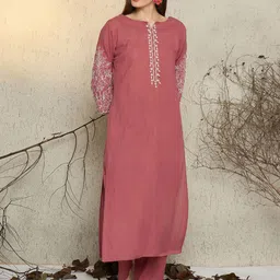 Indo Era Women Ethnic Motifs Embroidered Thread Work Pure Cotton Kurta with Trousers image 2