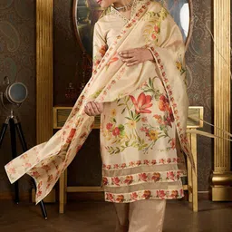 Indo Era Floral Printed V Neck Kurta With Trousers & Dupatta image 2
