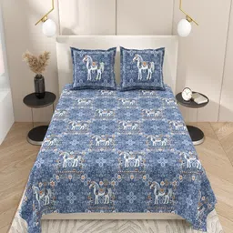 INDRA'S Blue & White Ethnic Motifs 160 TC King Bedsheet with 2 Pillow Covers-picture-15