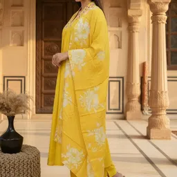 FIDHARA Embroidered Pleated Thread Work Pure Silk A-Line Kurta With Trousers & Dupatta image 5