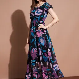 Vastani Enterprise Floral Printed Puff Sleeves Fit and Flare Maxi Dress image 4