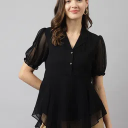 CILIMILI Women Lapel Collar Puff Sleeves Georgette Shirt Style Top-picture-22