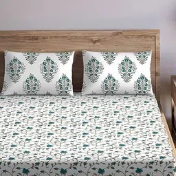 Trance Home Linen Green & White Floral 180 TC Single Bedsheet with 1 Pillow Covers-image-56