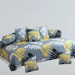 WELLNEST Set Of 8 Grey & Yellow Leaf Printed Diwan Set image 1