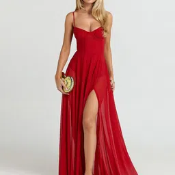bebe Women Shoulder Straps Slits Gown Maxi Dress-image-5