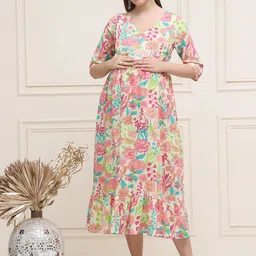 Frempy Women Floral Print Maternity A-Line Midi Dress-picture-29