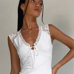 LULU & SKY Tie-Up Neck Lace-trimmed Fitted Top-picture-38