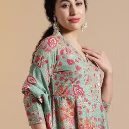Anouk Floral Embroidered Empire Thread Work Pure Cotton Kurta with Trouser & Dupatta image 2