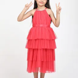 Jelly Jones Girls Pink Halter Neck Layered A-Line Midi Dress-picture-51
