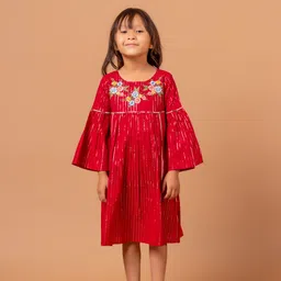 Sangria Floral Embroidered Bell Sleeve Pure Cotton A-Line Dress-image-7